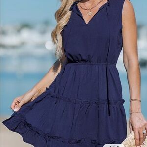 CUPSHE Midnight Blue Ruffled Tie Neck Mini Dress, Sz Large